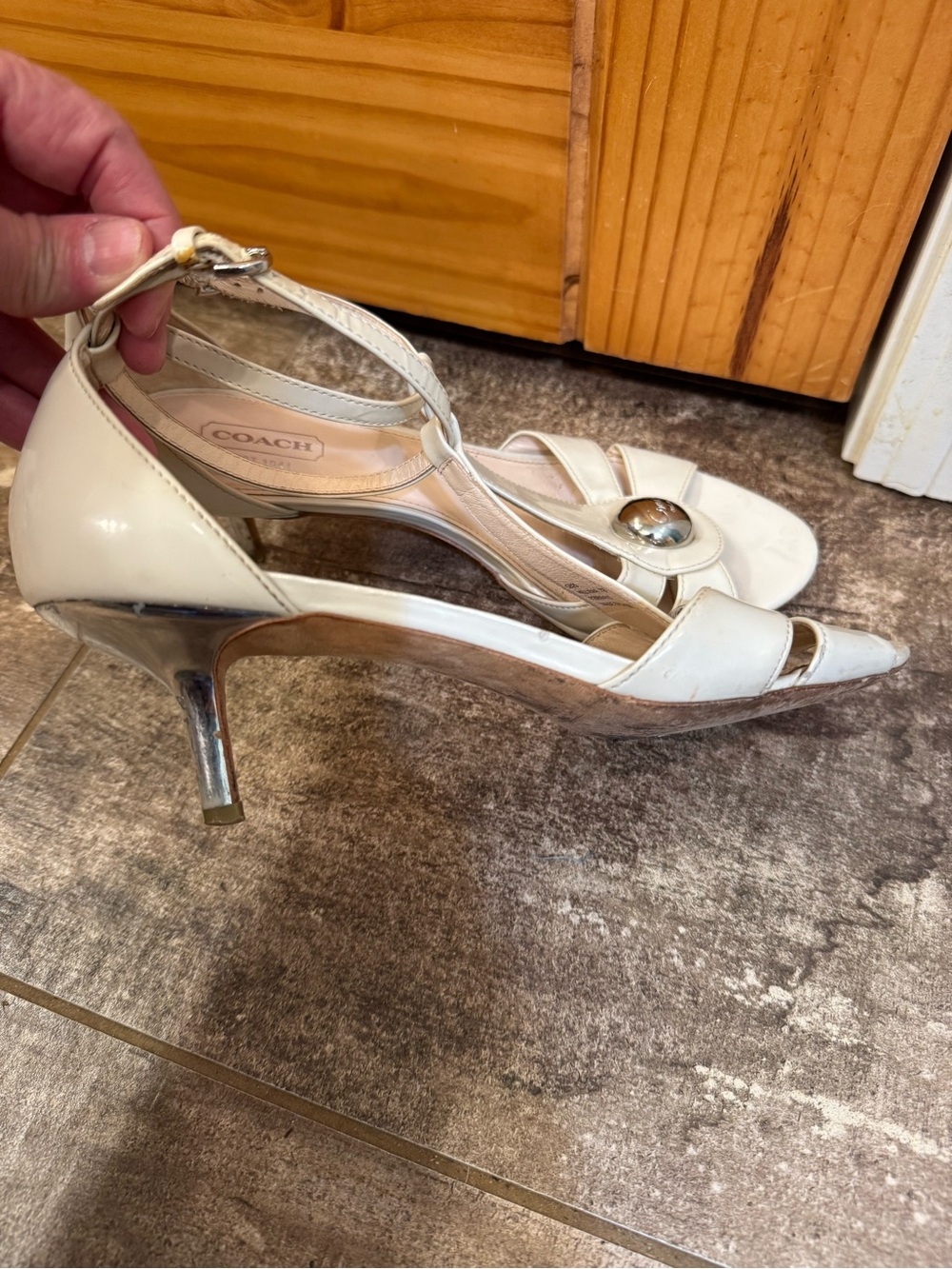 Coach Cream T-Strap Kitten Heeled Sandals with Silver Medallion - Picture 6 of 7
